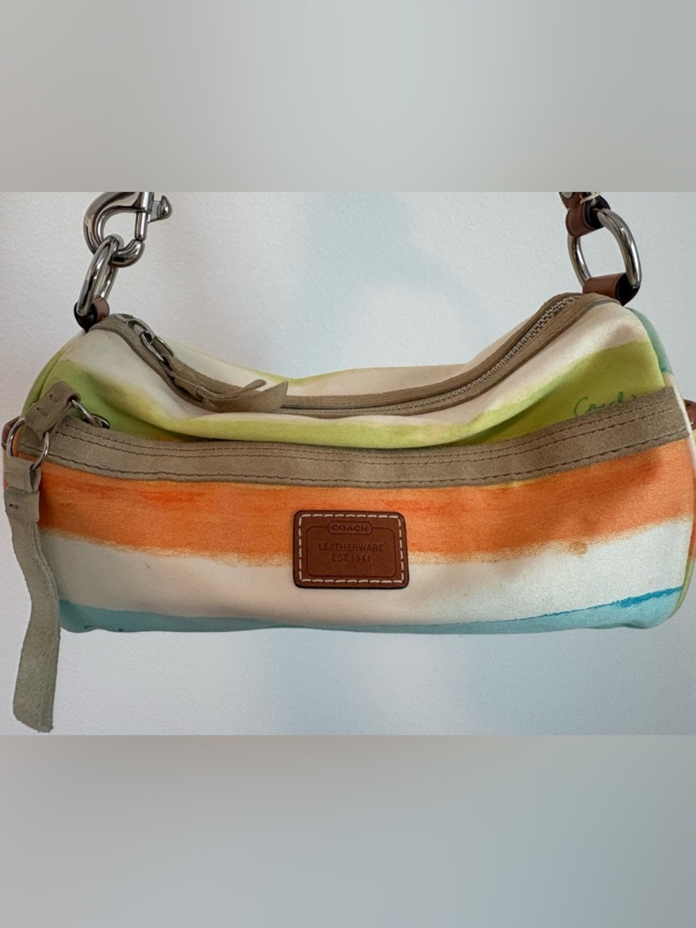 Coach Striped Canvas Shoulder Bag in Orange, Green & Blue
